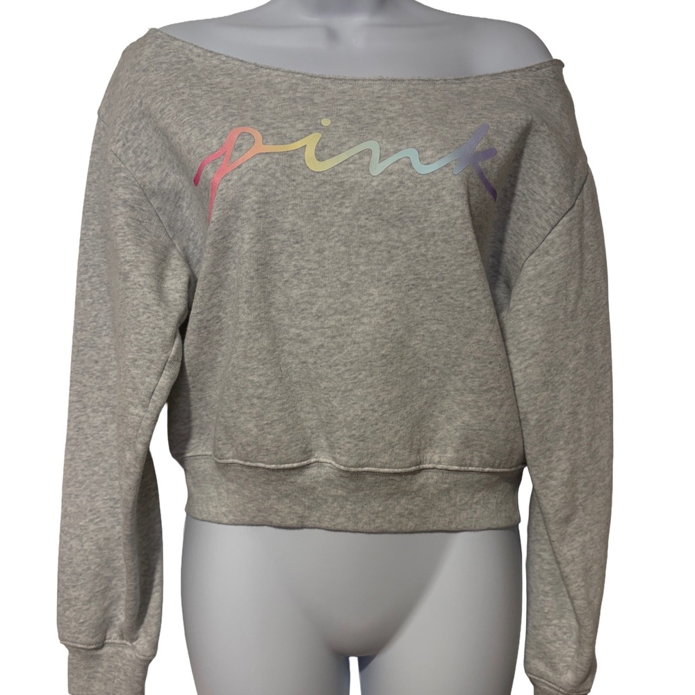 VS Pink Gray Off-Shoulder Sweatshirt with pastel colored logo size S